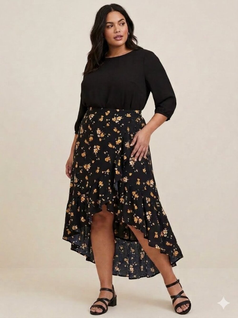 Torrid | Black Floral Print Challis Hi Low Ruffle Tier Maxi Skirt Whimsigoth 1X